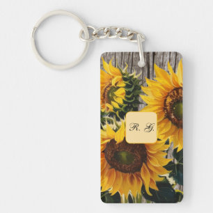 Rustic Country Sunflowers On Barnboard Print" Key Ring