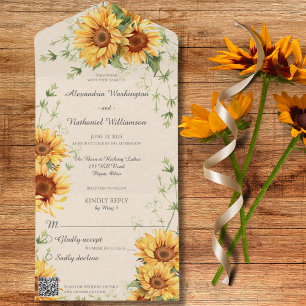 Rustic Country Sunflowers with QR Code  All In One Invitation