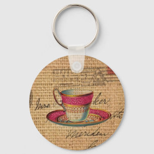 Rustic country tea party pink victorian teacup key ring
