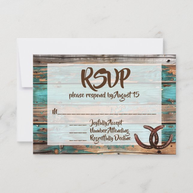 Rustic Country Teal Barn Wood Horseshoe RSVP Invitation (Front)