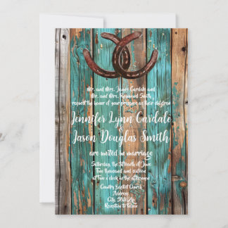 Rustic Country Teal Barn Wood Horseshoe Wedding Invitation