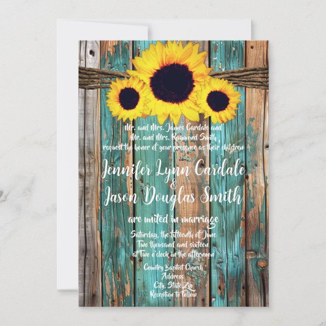 Rustic Country Teal Barn Wood Sunflower Wedding  Invitation (Front)