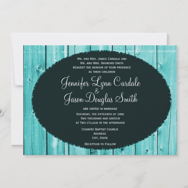 Rustic Country Teal Barn Wood Wedding Invitations (Front)