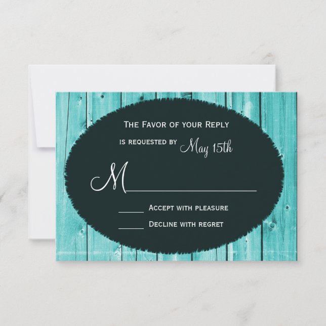 Rustic Country Teal Barn Wood Wedding RSVP Cards (Front)