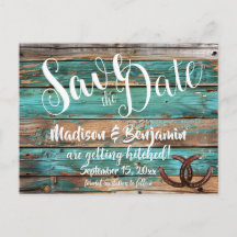 Rustic Country Teal Wood Horseshoe Save the Date