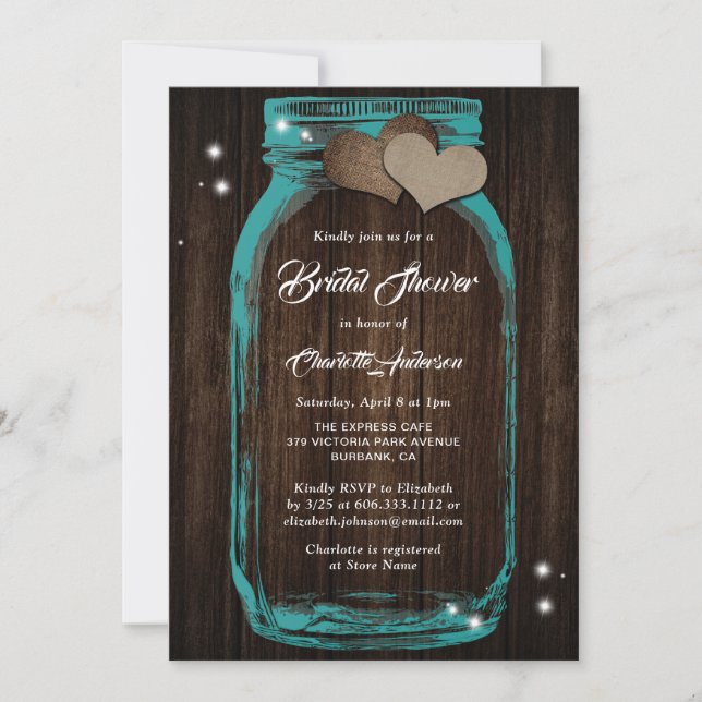 Rustic Country Teal Wood Mason Jar Bridal Shower Invitation (Front)