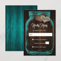 Rustic Country Teal Wood Mason Jar Wedding RSVP