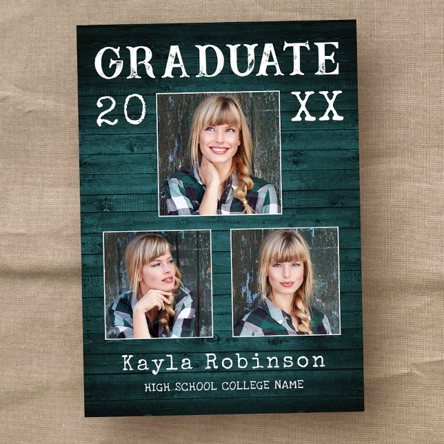Rustic Country Teal Wood Plank 3 Photo Graduation Announcement (Available in print or instant digital download for quick messaging, email or self printing.)