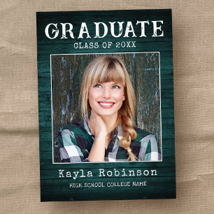 Rustic Country Teal Wood Plank Photo Graduation Announcement
