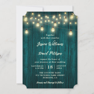 Rustic Country Teal Wood String Lights Wedding Invitation