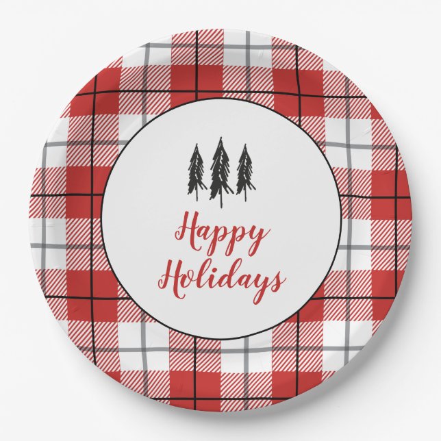 Rustic Country Tree Red and White Flannel Pattern Paper Plate (Front)