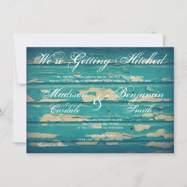 Rustic Country Turquoise Wood Wedding Invitations (Front)