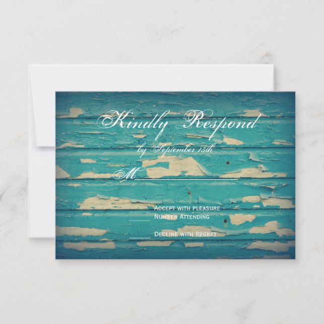 Rustic Country Turquoise Wood Wedding RSVP Cards (Front)