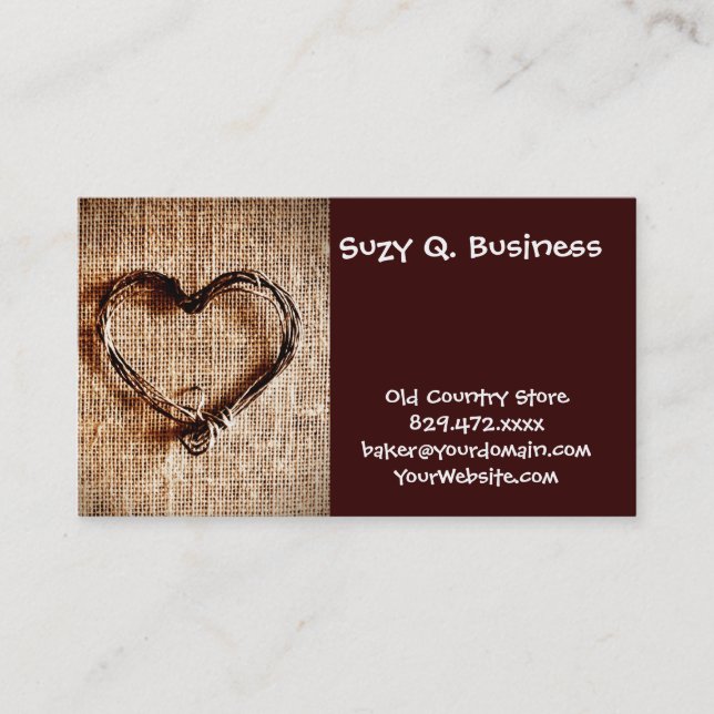 Rustic Country Twine Heart on Burlap Print Business Card (Front)