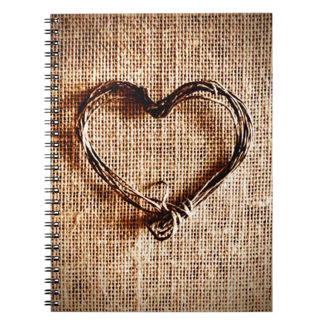 Rustic Country Twine Heart on Burlap Print Spiral Notebook (Front)