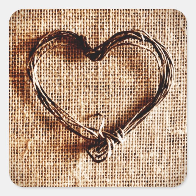 Rustic Country Twine Heart on Burlap Print Square Sticker (Front)