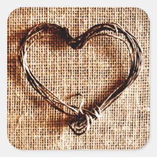Rustic Country Twine Heart on Burlap Print Square Sticker
