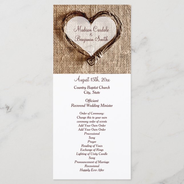 Rustic Country Twine Heart Wedding Programs Programme (Front)