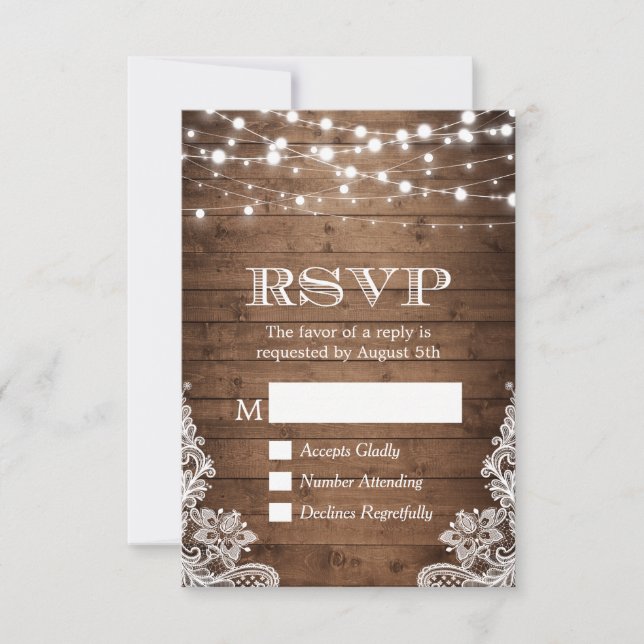 Rustic Country Twinkle Lights Lace Barn Wood RSVP (Front)