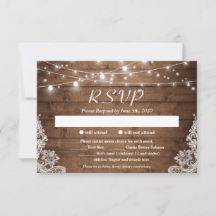 Rustic Country Twinkle Lights Lace Barn Wood RSVP Card