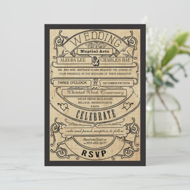 Rustic Country Typography Ticket Wedding Invite (Standing Front)