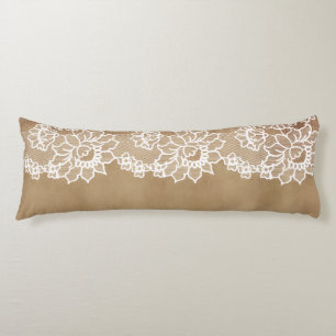 Rustic country vintage beige burlap and white lace body cushion