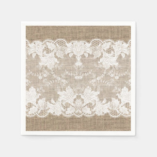 Rustic country vintage beige burlap and white lace napkin