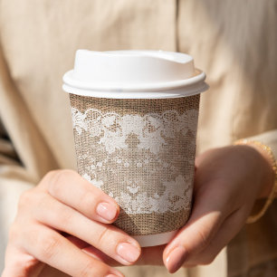 Rustic country vintage beige burlap and white lace paper cups