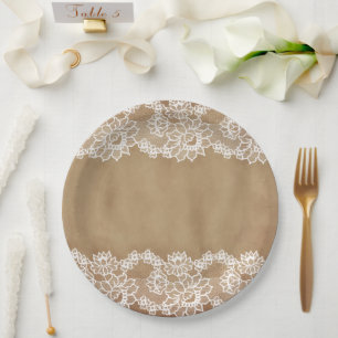 Rustic country vintage beige burlap and white lace paper plate