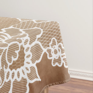 Rustic country vintage beige burlap and white lace tablecloth