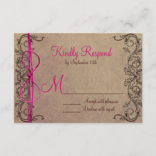 Rustic Country Vintage Brown Pink Wedding RSVP Card