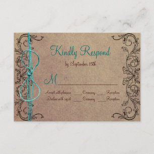 Rustic Country Vintage Brown Teal Wedding RSVP Card