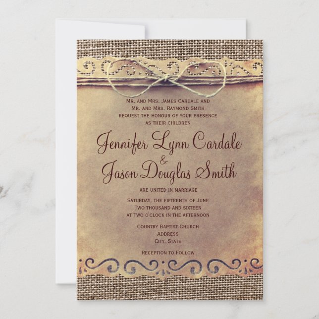 Rustic Country Vintage Burlap Wedding Invitations (Front)