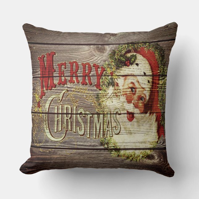 Rustic Country Vintage Merry Christmas and Santa Cushion (Front)
