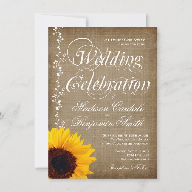 Rustic Country Vintage Sunflower Wedding Invites (Front)