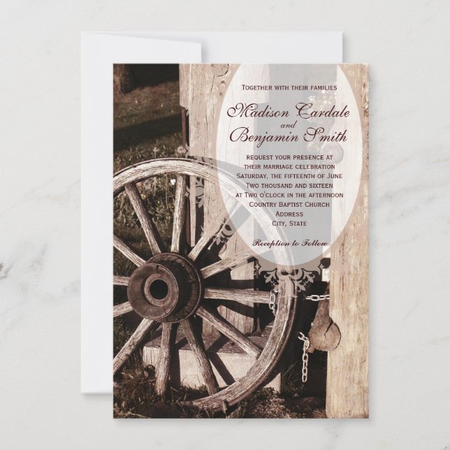 Rustic Country Wagon Wheel Wedding Invitations (Front)