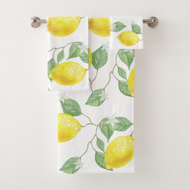 Rustic Country Watercolor Lemons & Blossoms Bath Towel Set (Insitu)