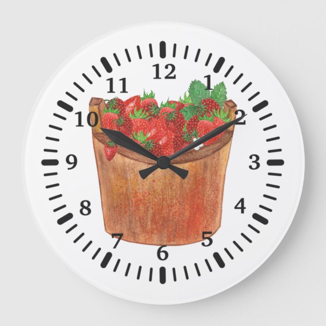 Rustic Country Watercolor Strawberry Fruit Bucket Large Clock (Front)