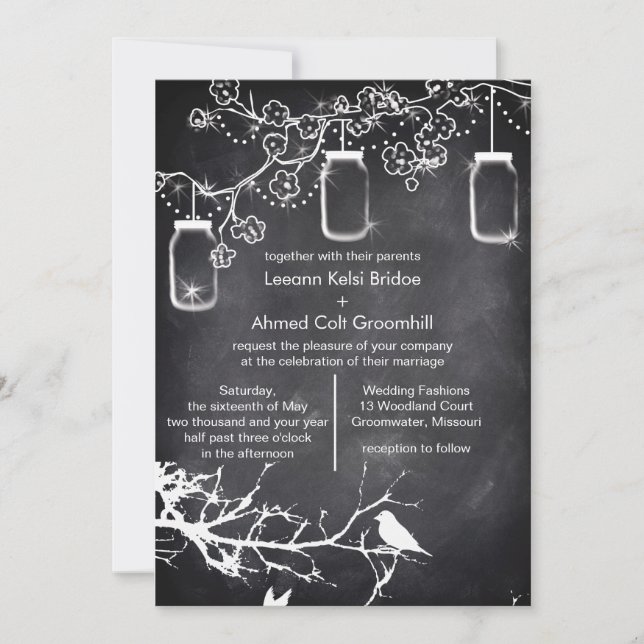 Rustic Country Wedding Birds Mason Jar Chalkboard Invitation (Front)