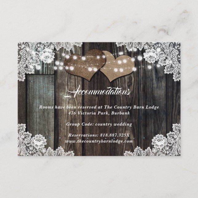 Rustic Country Wedding Hotel Accommodation Card (Front)