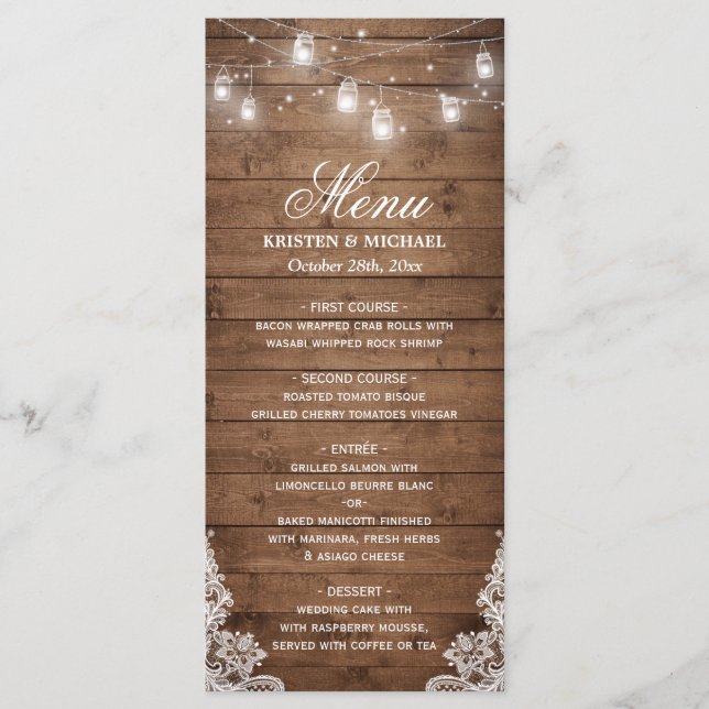 Rustic Country Wedding Menu | String Lights Wood (Front)