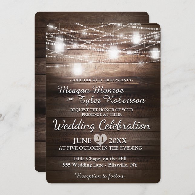 Rustic Country Wedding w/ String Lights Invitation (Front/Back)