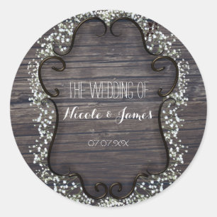 Rustic Country Western Babys Breath & Wood Classic Round Sticker