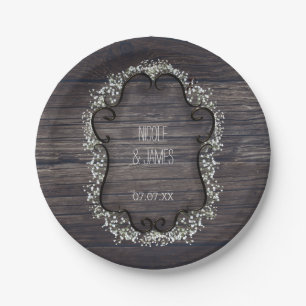 Rustic Country Western Babys Breath & Wood Paper Plate