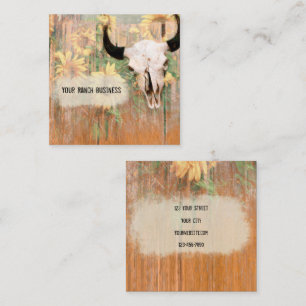 Rustic Country Western Bull Skull Sunflowers Wood Square Business Card