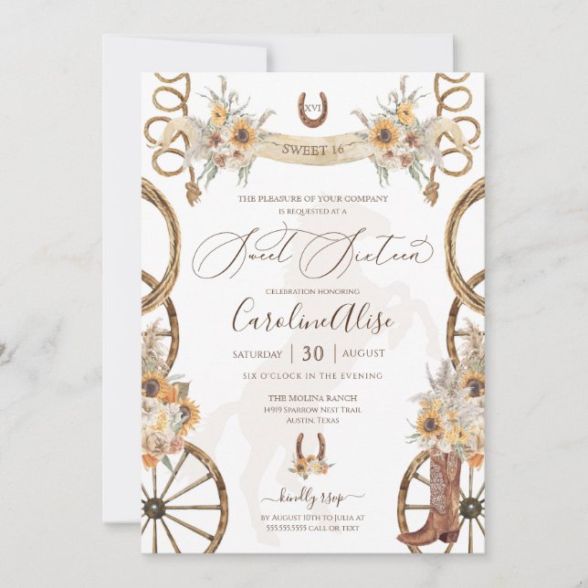 Rustic Country Western Sunflower Boho Sweet 16 Invitation (Front)