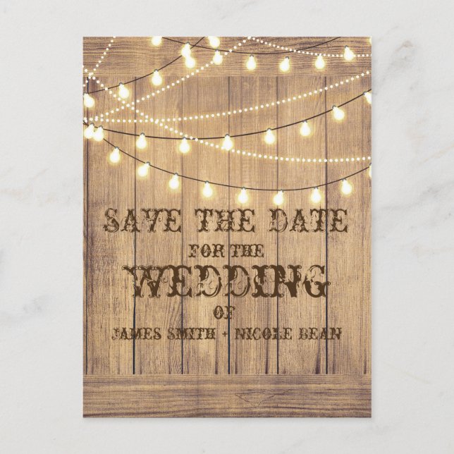 Rustic Country Western Wood & Lights Save the Date Announcement Postcard (Front)