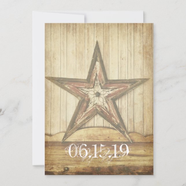 Rustic Country Western Wood Star Wedding Invites (Front)