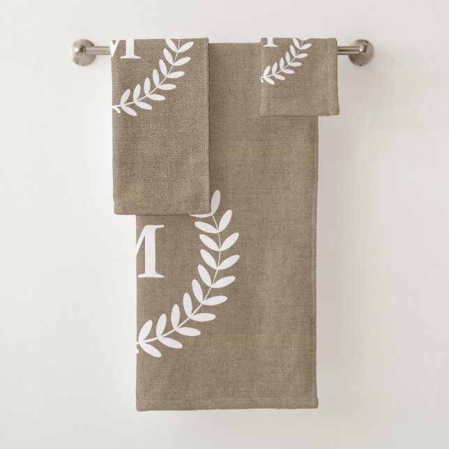 Rustic Country White Classy Laurels & Faux Burlap Bath Towel Set (Insitu)
