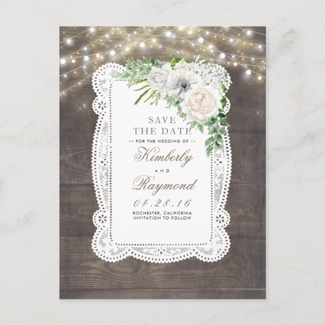 Rustic Country White Flowers Lace Save the Date Announcement Postcard (Front)